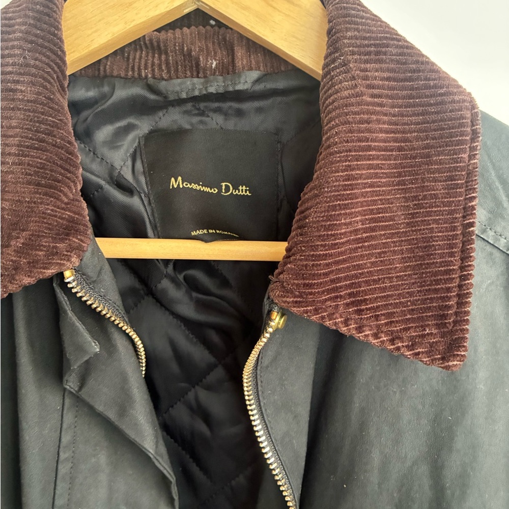 Massimo Dutti Black Utility Trench Field Jacket with Brown Corduroy Collar - Picture 3 of 5